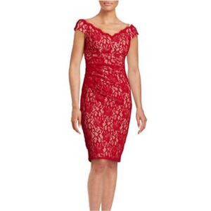 Xscape Off-the-Shoulder Lace Dress-RED-6